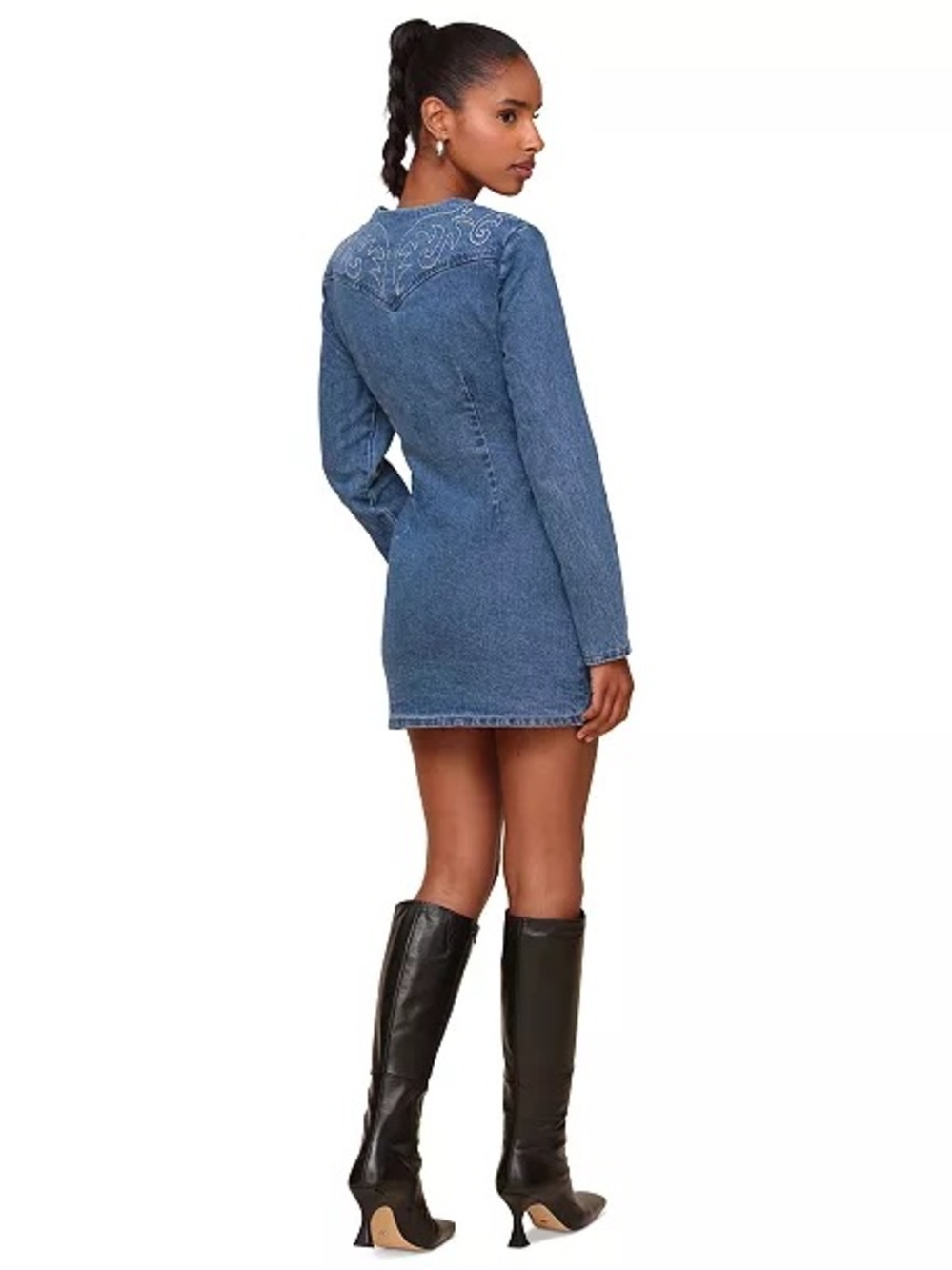 Avec Les Filles Blue Denim Embroidered Button-Front Mini Dress - Picture 2 of 12